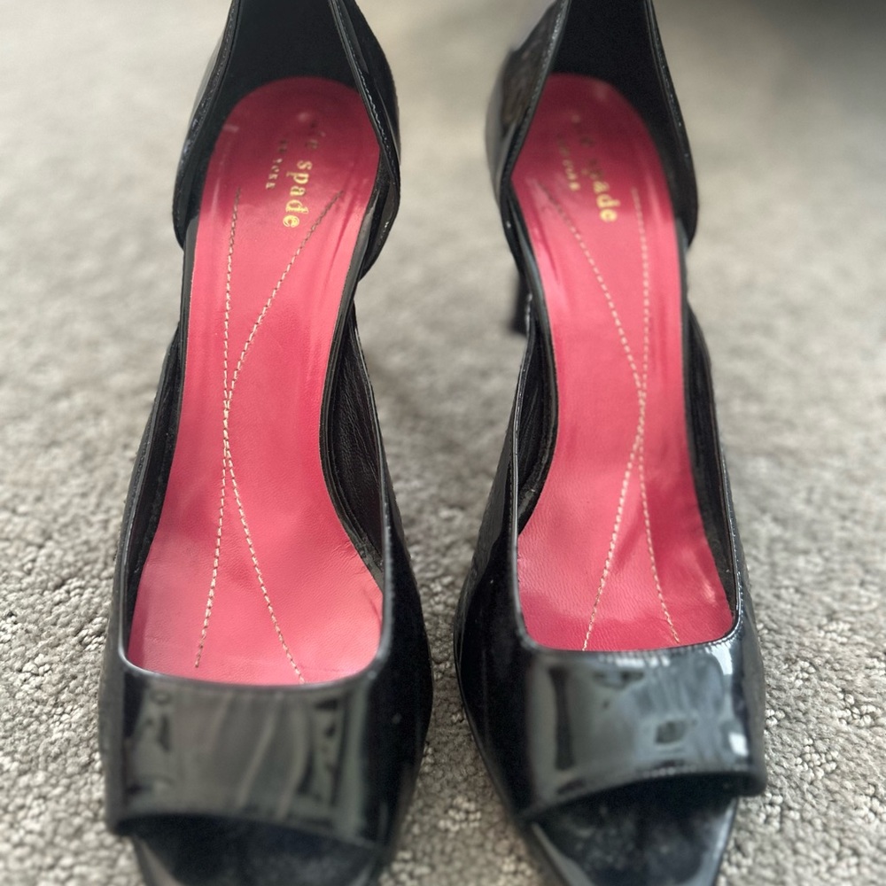 kate spade Black Patent Peep-Toe Heels with Pink Insole